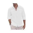 Camisa Cargo Masculina De Algodão E Linho Para Outono, Com Dois Bolsos, Gola Dobrável, Abotoamento Camisa Cargo Masculina De Algodão E Linho Para Outono, Com Dois Bolsos, Gola Dobrável, Abotoamento