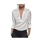 Camisa Casual Elegante De Seda Com Manga Longa Para Mulheres, Colarinho Moderno, Ajuste Regular