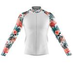 Camisa Ciclismo Floral Flamingo Longa Full Ziper Frente Branca Mtb