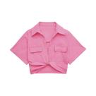 Camisa Cropped De Linho Com Nó Frontal E Bolsos Em Patch Para Mulheres, Blusa Chic Vintage Camisa Cropped De Linho Com Nó Frontal E Bolsos Em Patch Para Mulheres, Blusa Chic Vintage