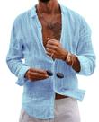 Camisa de algodão Scapodo, linho, decote em V, manga comprida para homens, azul
