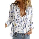 Camisa de botão Corkifux com estampa floral com decote em V feminina azul