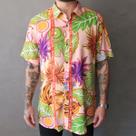 Camisa De Botão Masculina Estampada Tropical Frutas Manga Curta Viscose