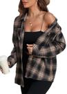 Camisa de flanela KevaMolly xadrez de manga comprida para mulheres, marrom, preta