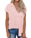 Camisa de linho siliteelon para mulheres de manga curta rosa G-Small
