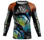 Camisa de Pesca Esportiva Átomo Proteção UV Manga Longa Preto/Laranja Adulto