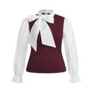 Camisa De Trabalho Elegante Para Mulheres plus Size Com Laço Contrastante De Manga Longa A-Line Rosa