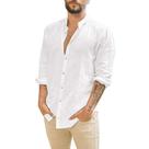 Camisa De Verão Masculina plus Size Em Algodão E Linho De Manga Longa, Cor Sólida, Colarinho Alto,
