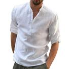 Camisa De Verão Masculina plus Size Em Algodão E Linho De Manga Longa, Cor Sólida, Colarinho Alto,