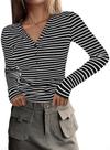 Camisa feminina Acelitt plus size, manga comprida, decote em V, listrada