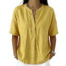 Camisa feminina casual de linho e algodão com gola Henley amarela S