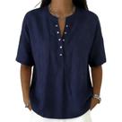 Camisa feminina casual de linho e algodão com gola Henley azul escuro Camisa feminina casual de linho e algodão com gola Henley azul escuro
