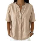 Camisa feminina casual de linho e algodão com gola Henley Camisa feminina casual de linho e algodão com gola Henley