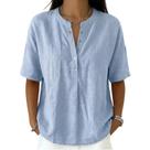 Camisa feminina casual de linho e algodão com gola Henley Camisa feminina casual de linho e algodão com gola Henley