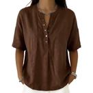 Camisa feminina casual de linho e algodão com gola Henley marrom Camisa feminina casual de linho e algodão com gola Henley marrom