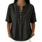 Camisa feminina casual de linho e algodão com gola Henley preta