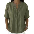 Camisa feminina casual de linho e algodão com gola Henley verde militar