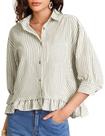 Camisa feminina COZYPOIN listrada com botões e bainha de algodão com babados Camisa feminina COZYPOIN listrada com botões e bainha de algodão com babados