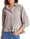Camisa feminina COZYPOIN listrada com botões e bainha de algodão com babados Camisa feminina COZYPOIN listrada com botões e bainha de algodão com babados