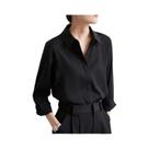 Camisa Feminina De Cetim Preto Com Manga Longa E Botões, Blusa Elegante Para Escritório, Moda