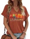 Camisa feminina Earlymemb com decote em V, folhas de outono, estampa de árvores, marrom Camisa feminina Earlymemb com decote em V, folhas de outono, estampa de árvores, marrom