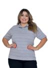 Camisa Feminina Gola Polo Listrada Cinza Plus Size
