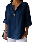 Camisa feminina Grafumo, algodão, linho, decote em V, manga 3/4, azul marinho