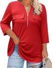 Camisa feminina Kancystore, manga 3/4, decote em V, vermelha 4X