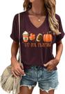 Camisa feminina KYVPO Tis The Season com decote em V e abóbora de Halloween Camisa feminina KYVPO Tis The Season com decote em V e abóbora de Halloween