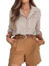 Camisa feminina listrada de manga longa com botões Siliteelon Camisa feminina listrada de manga longa com botões Siliteelon