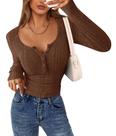 Camisa Feminina PRETTYGARDEN Marrom Henley Slim Fit M Camisa Feminina PRETTYGARDEN Marrom Henley Slim Fit M