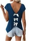 Camisa feminina RoseSeek com decote em V, laço, manga curta, azul profundo Camisa feminina RoseSeek com decote em V, laço, manga curta, azul profundo