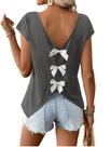 Camisa feminina RoseSeek com decote em V, laço, manga curta, cinza