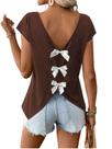 Camisa feminina RoseSeek com decote em V, laço, manga curta, marrom