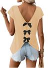 Camisa feminina RoseSeek, laço, decote em V, manga curta, damasco