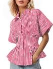 Camisa feminina Soamat listrada com botões e manga curta vermelha branca