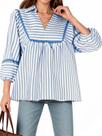 Camisa feminina Tankaneo listrada com decote em V, manga 3/4, azul, branca
