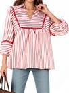 Camisa feminina Tankaneo listrada com decote em V, manga 3/4, peplum, vermelha, branca