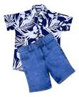 Camisa Floral Viscose E Bermuda Jeans Menino Kit 2 Peças