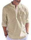 Camisa Holgada de Lino para Hombre JINIDU con Mangas Remangadas Azul Marino para Yoga