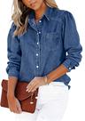Camisa jeans CHARTOU de manga folhada com botão de pressão feminina azul