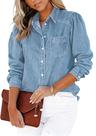 Camisa jeans CHARTOU, manga folhada, botão de pressão, feminina, azul claro