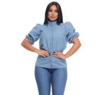 Camisa Jeans Feminina Básica Manga Princesa Moda Casual