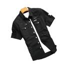 Camisa jeans masculina rasgada com bolso e aba sem camiseta