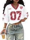 Camisa Jersey Roseeek para mulheres com estampa numérica com decote em V branca Camisa Jersey Roseeek para mulheres com estampa numérica com decote em V branca