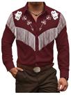 Camisa masculina BEAUDRM Vintage Western Cowboy com franja floral vermelha