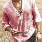 Camisa Masculina Casual De Verão Com Decote Em V E Manga 7/8 De Cor Sólida