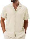 Camisa masculina Cotrasen, de linho, manga curta, com botões, bege, branca, L