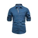 Camisa Masculina De Algodão De Manga Comprida Com Bolso Único, Cor Sólida, Gola Virada Para Baixo,