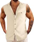 Camisa masculina de linho sem mangas Fommykin Beach Regata Bege Camisa masculina de linho sem mangas Fommykin Beach Regata Bege